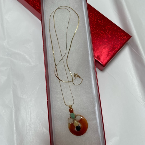 14k 585 GOLD ITALY MULTICOLOR JADE ONYX DISC FLOWER PENDANT NECKLACE 21 3/4CHAIN - Picture 9 of 15